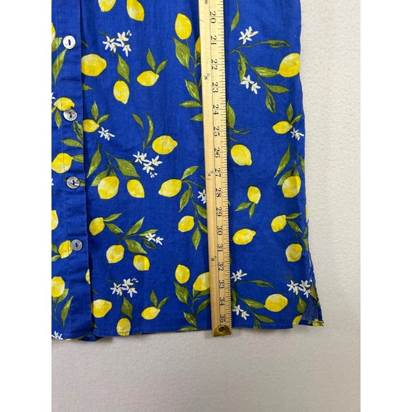 Fruit Core Lemon Print Women Blue Yellow Cotton Linen Button Front Shirt Dress - Picture 5 of 9